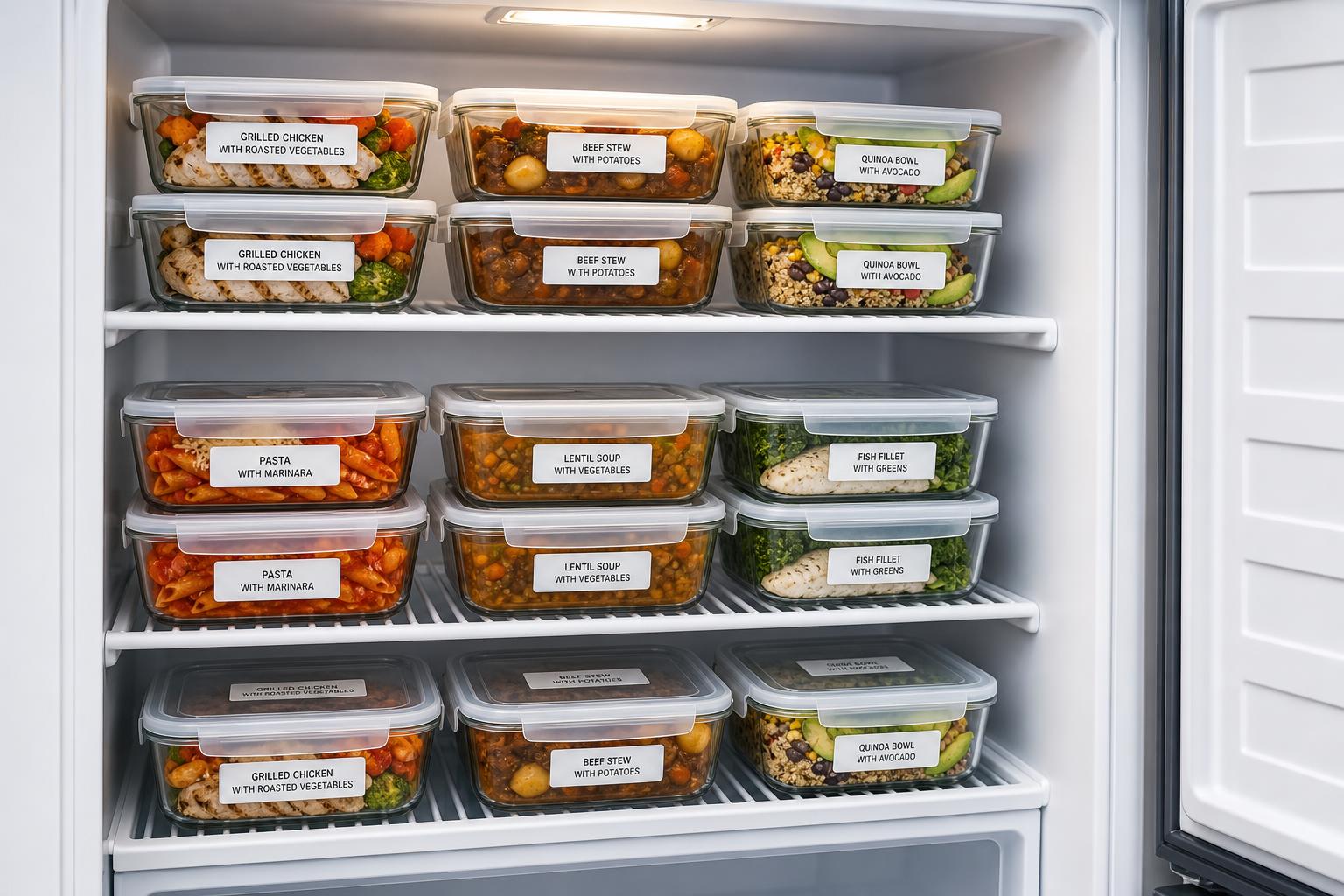 Freezer organizado con comidas listas