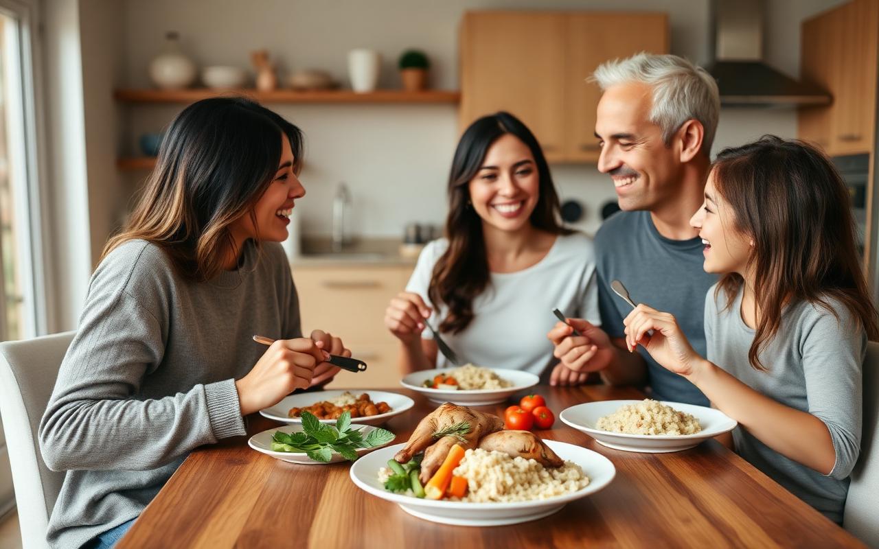 Familia disfrutando comida saludable